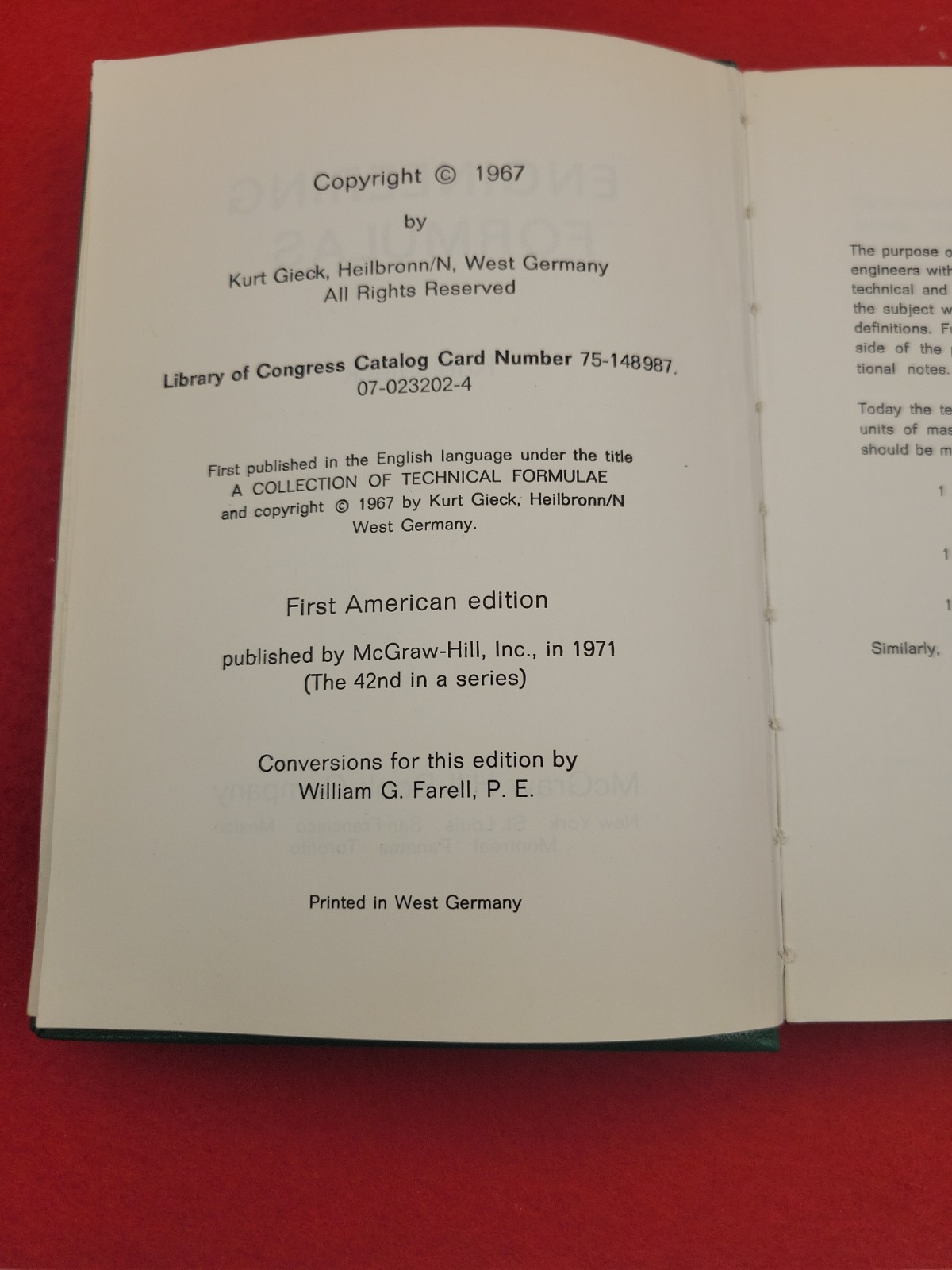 Engineering Formulas 1st American Edition 1971 Gieck