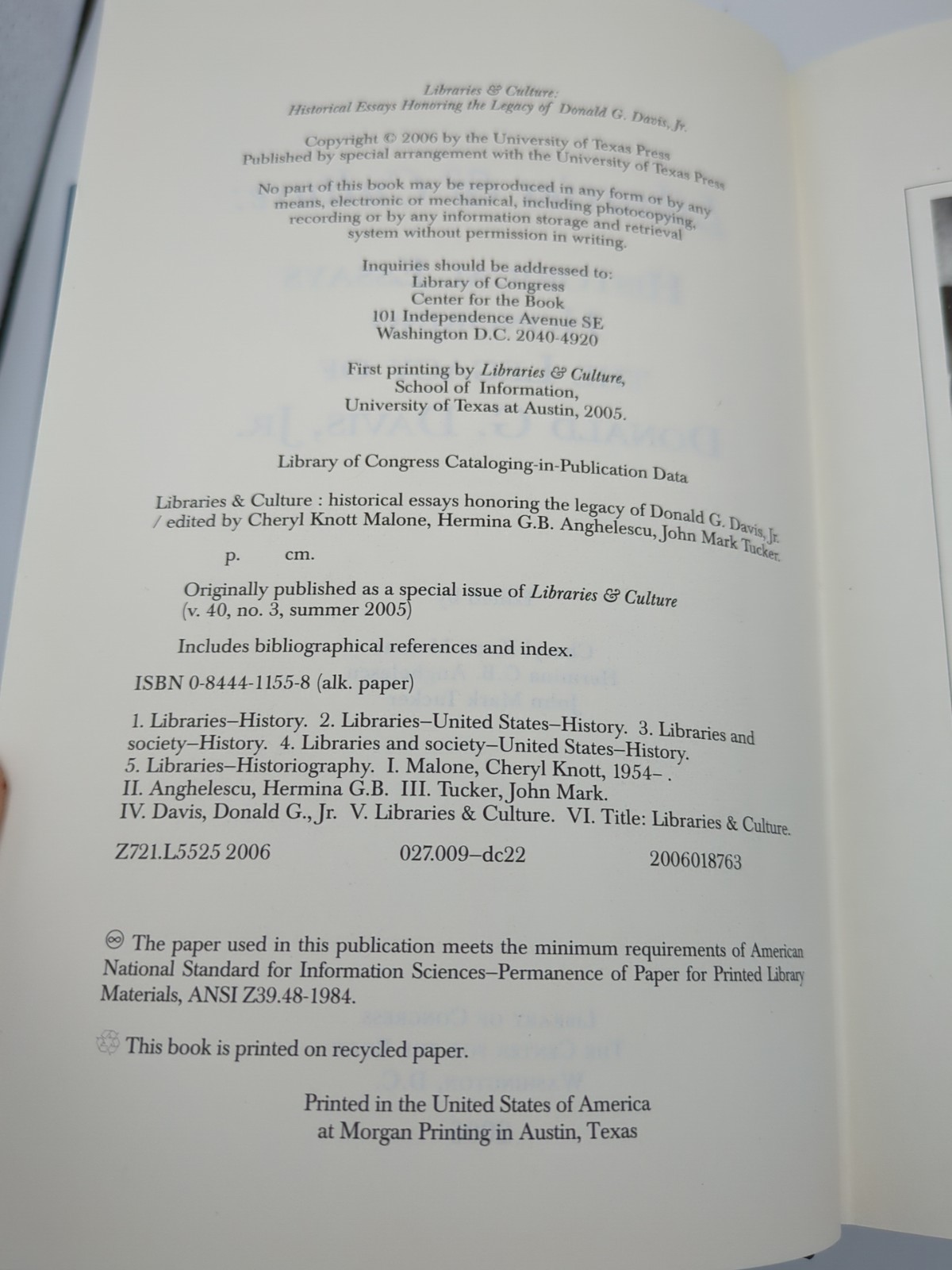 Libraries And Culture Historical Essays Honoring The Legacy Of Donald G Davis Jr
