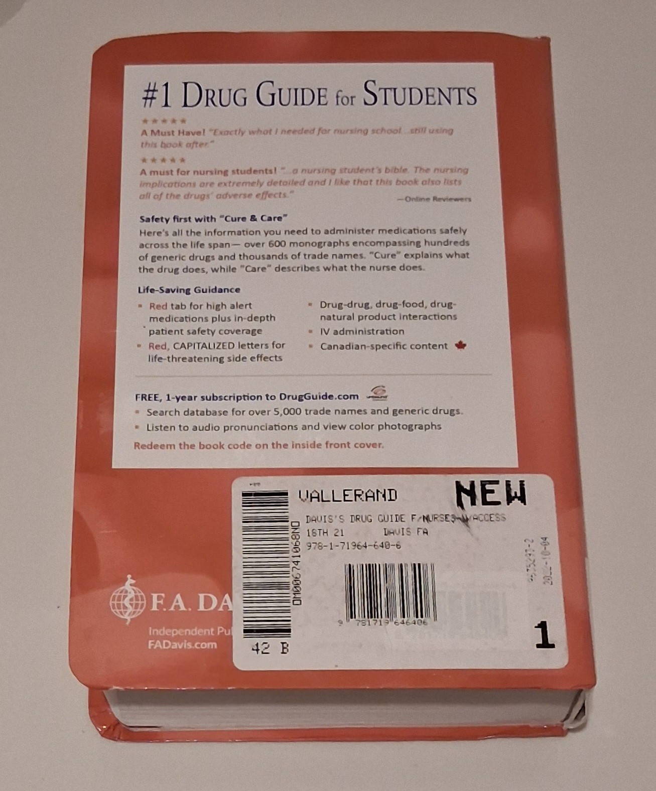 Davis&rsquo;s Drug Guide for Nurses, 18th Edition Like New – Unused Access Code