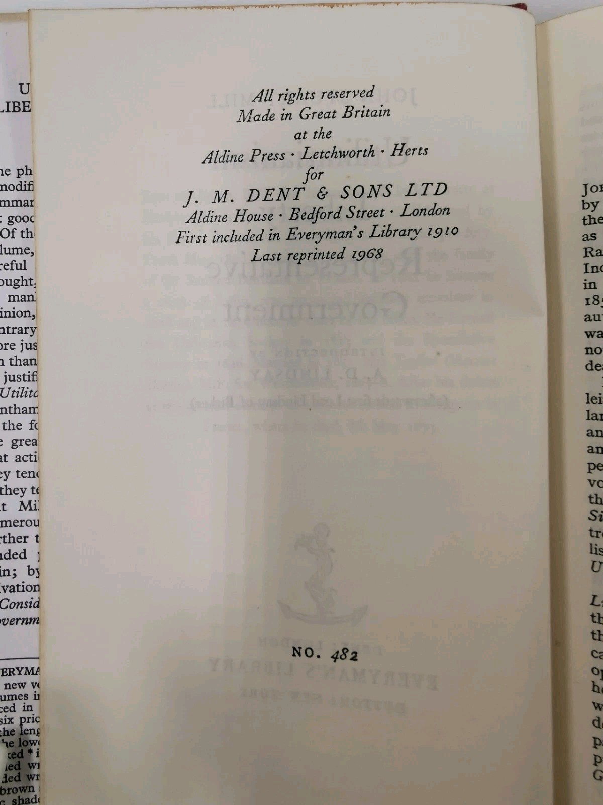 John Stuart Mill Book Utilitarianism, Liberty and Representative Government 1962