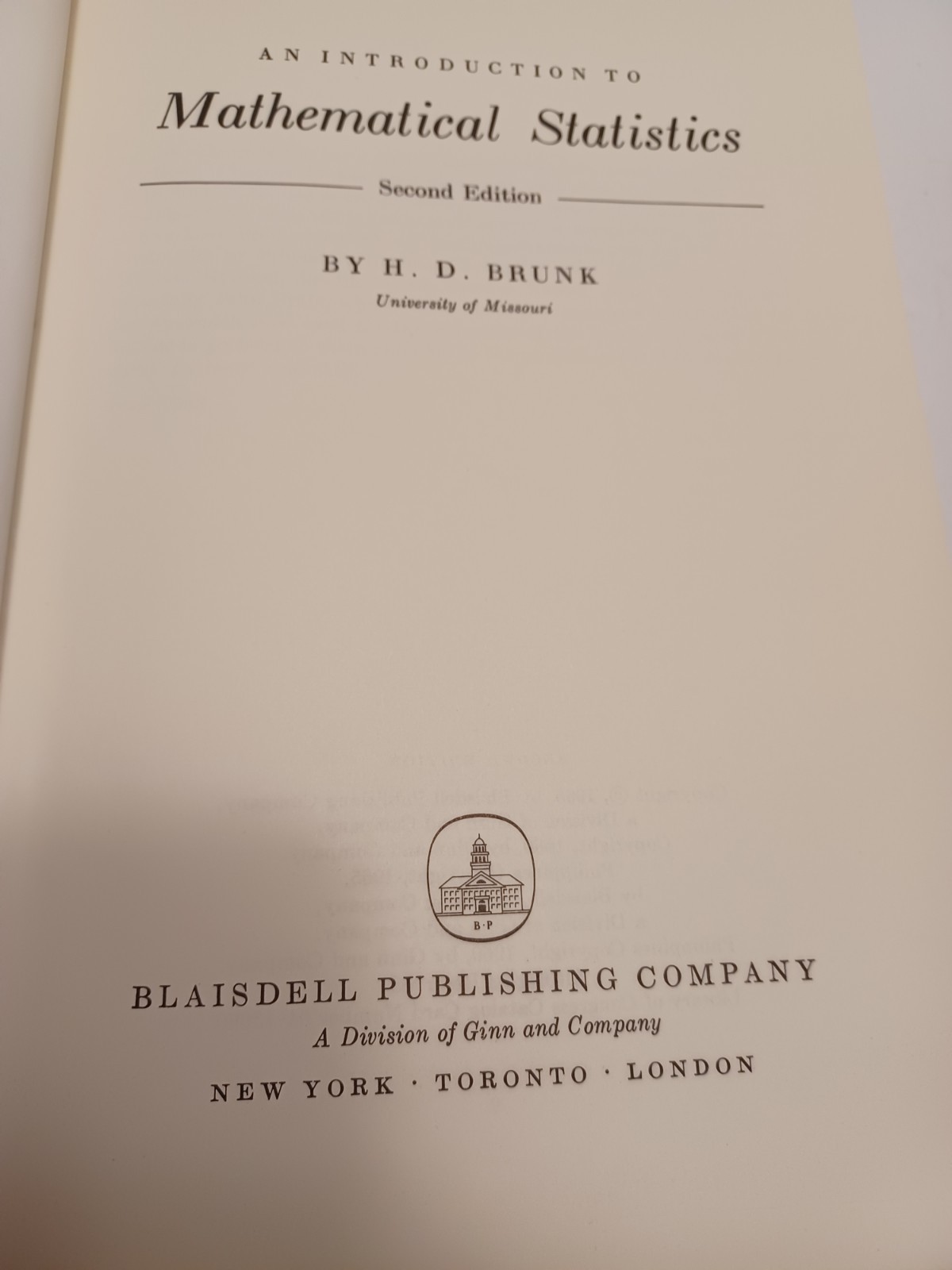 An Introduction to Mathematical Statistics by Brunk – 2nd Edition Blaisdell HCDJ