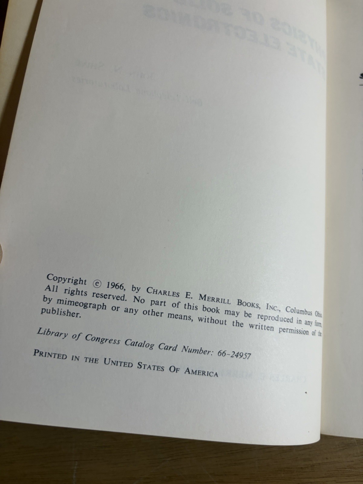 Physics of Solid State Electronics John N Shive 1966 Bell Labs Merrill Series